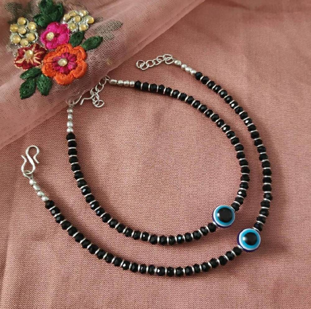 Silver Black Beads with Blue Evil Eye Nazariya Payal Anklet