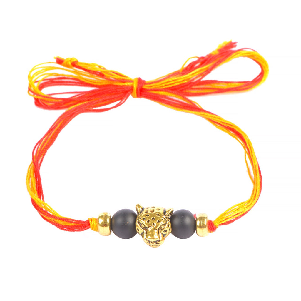 STRIPES Multi Colour Thread Evil Eye Protection With Golden Lion Head Rakhi For Brother
