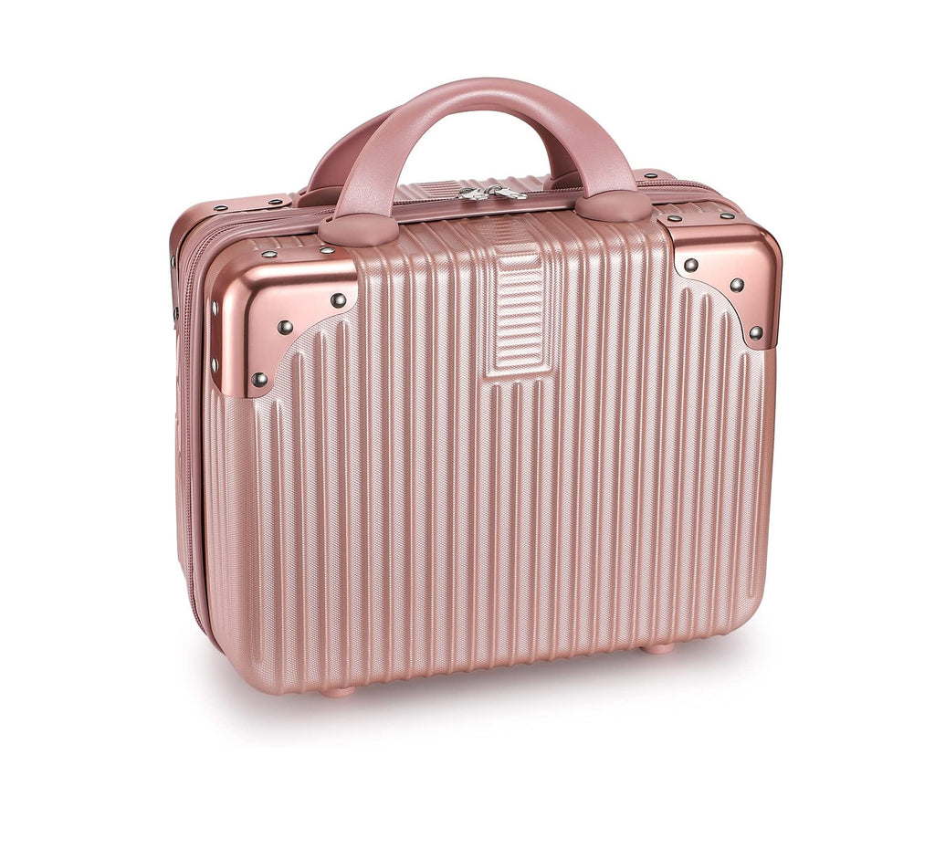 STRIPES Hard Shell Cosmetic Travel Hand Luggage Portable Carrying Makeup Case Suitcase Organizer Box Travel Vanity Luggage Mini Case (Rose Gold)